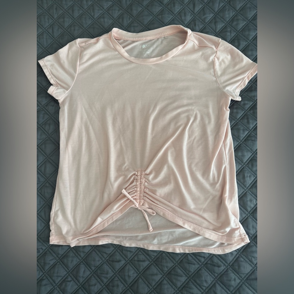 2/$5 EUC barely worn Zella pink Ruched Tie Front Short Sleeve Tee
